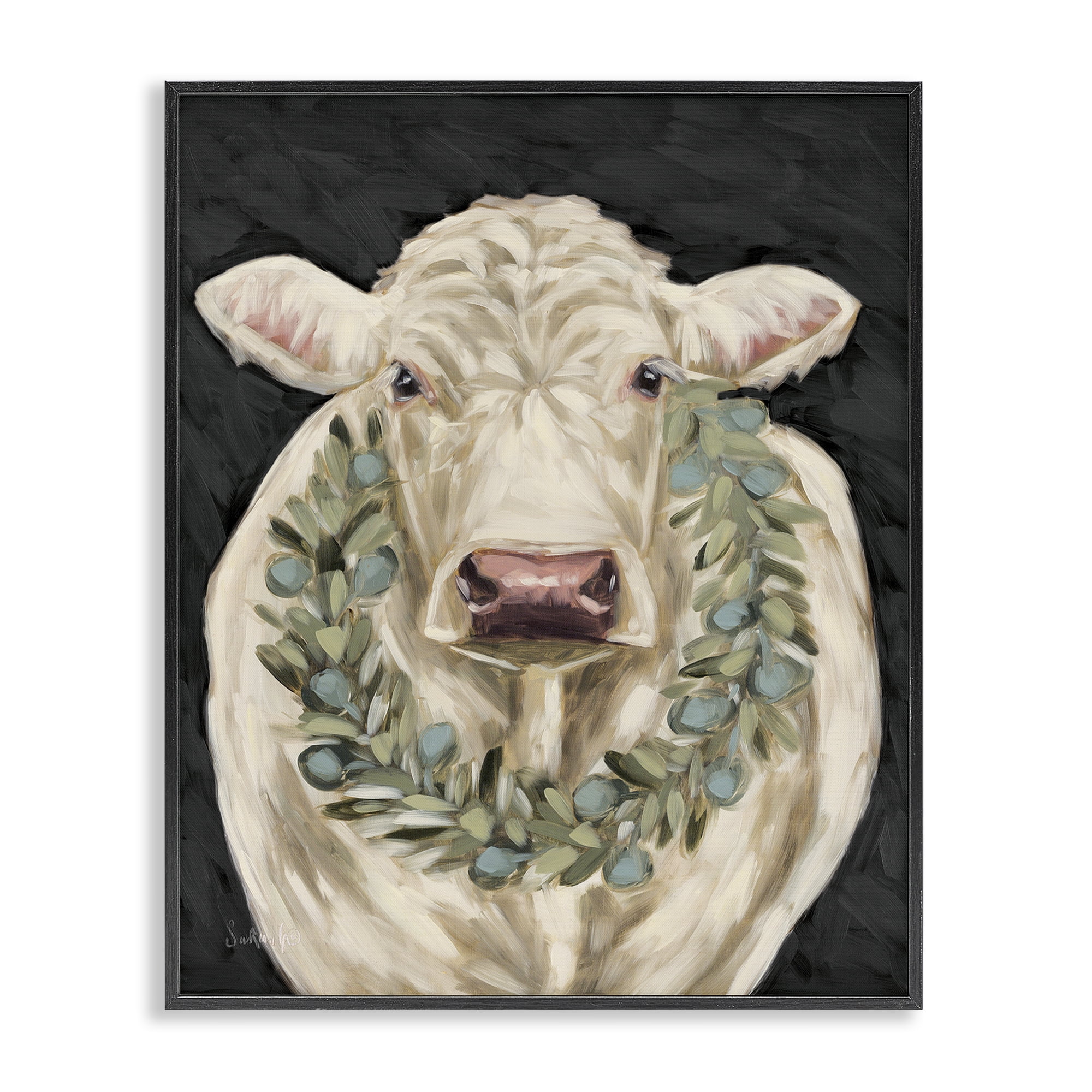 Stupell Industries Cow with Holiday Wreath Holiday Painting Black Framed Art Prints Wall Art, 16 x 20