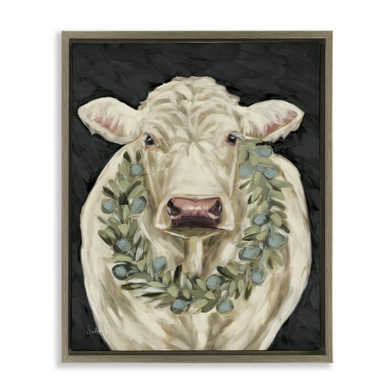 Stupell Industries Cow with Holiday Wreath Holiday Painting Brown Floater Framed Canvas Art Prints Wall Art, 17 x 21
