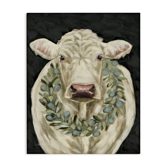 Stupell Industries Cow with Holiday Wreath Holiday Painting Gallery Wrapped Canvas Art Prints Wall Art, 16 x 20