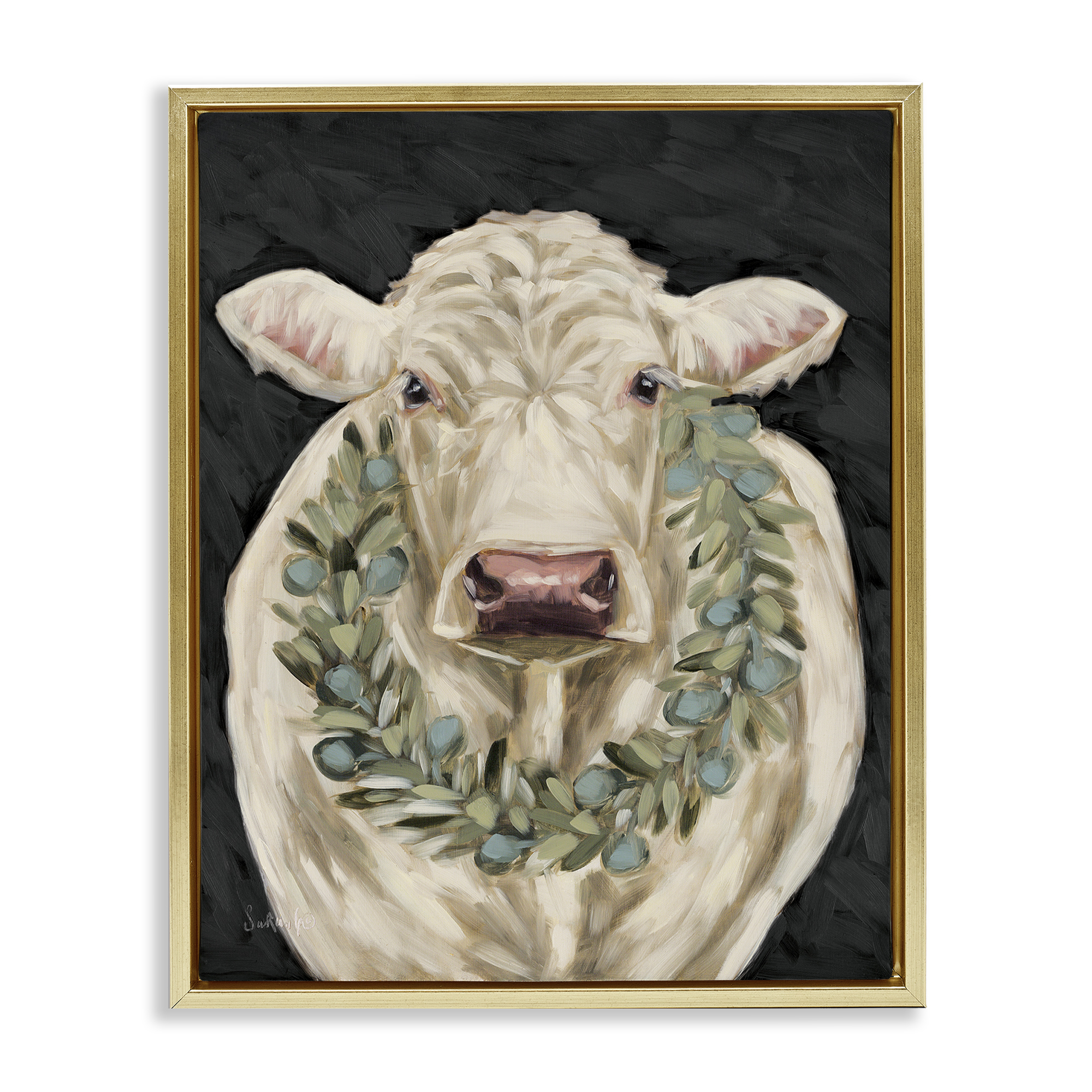 Stupell Industries Cow with Holiday Wreath Holiday Painting Gold Floater Framed Canvas Art Prints Wall Art, 17 x 21