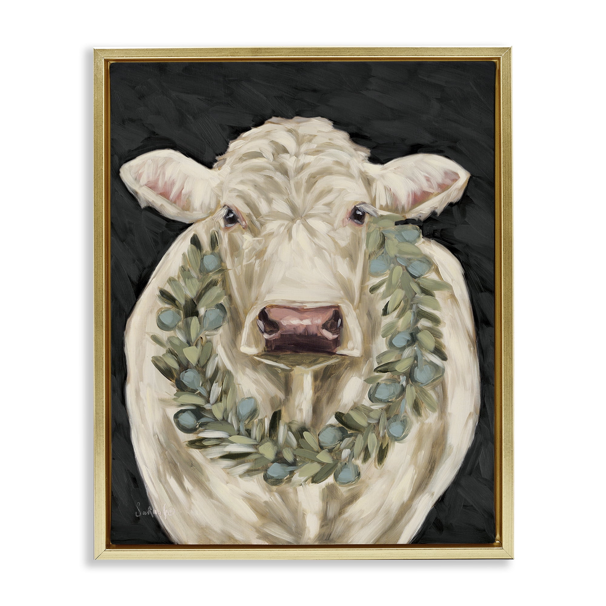 Stupell Industries Cow with Holiday Wreath Holiday Painting Gold Floater Framed Canvas Art Prints Wall Art, 25 x 31