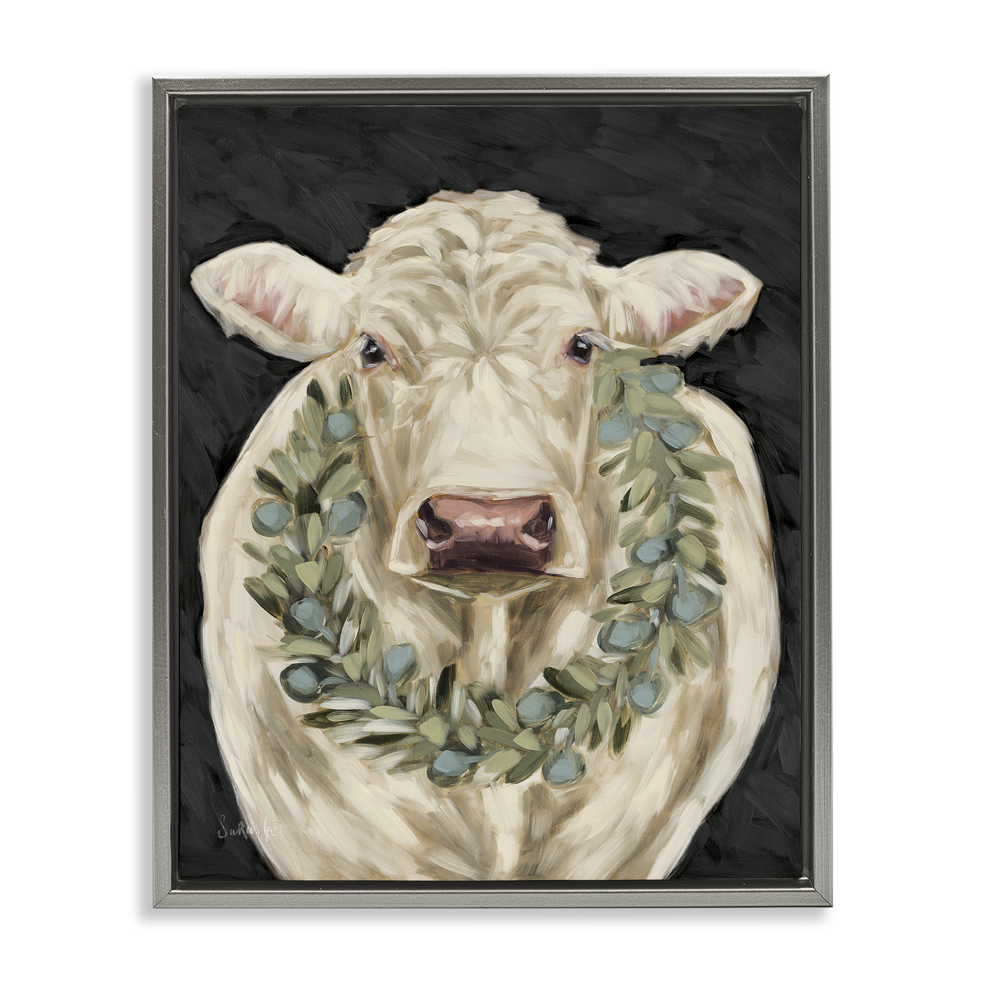 Stupell Industries Cow with Holiday Wreath Holiday Painting Gray Floater Framed Canvas Art Prints Wall Art, 25 x 31