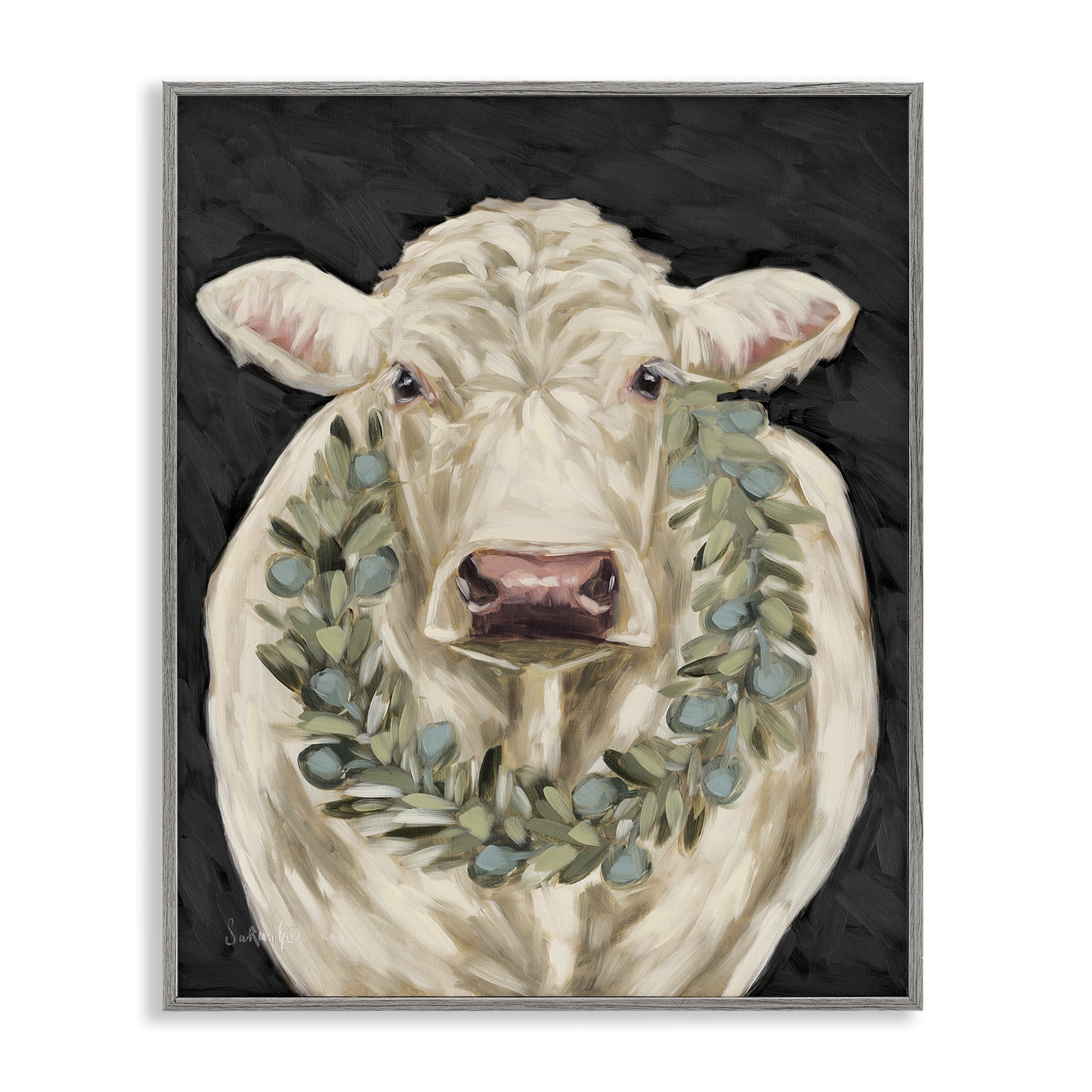 Stupell Industries Cow with Holiday Wreath Holiday Painting Gray Framed Art Prints Wall Art, 16 x 20