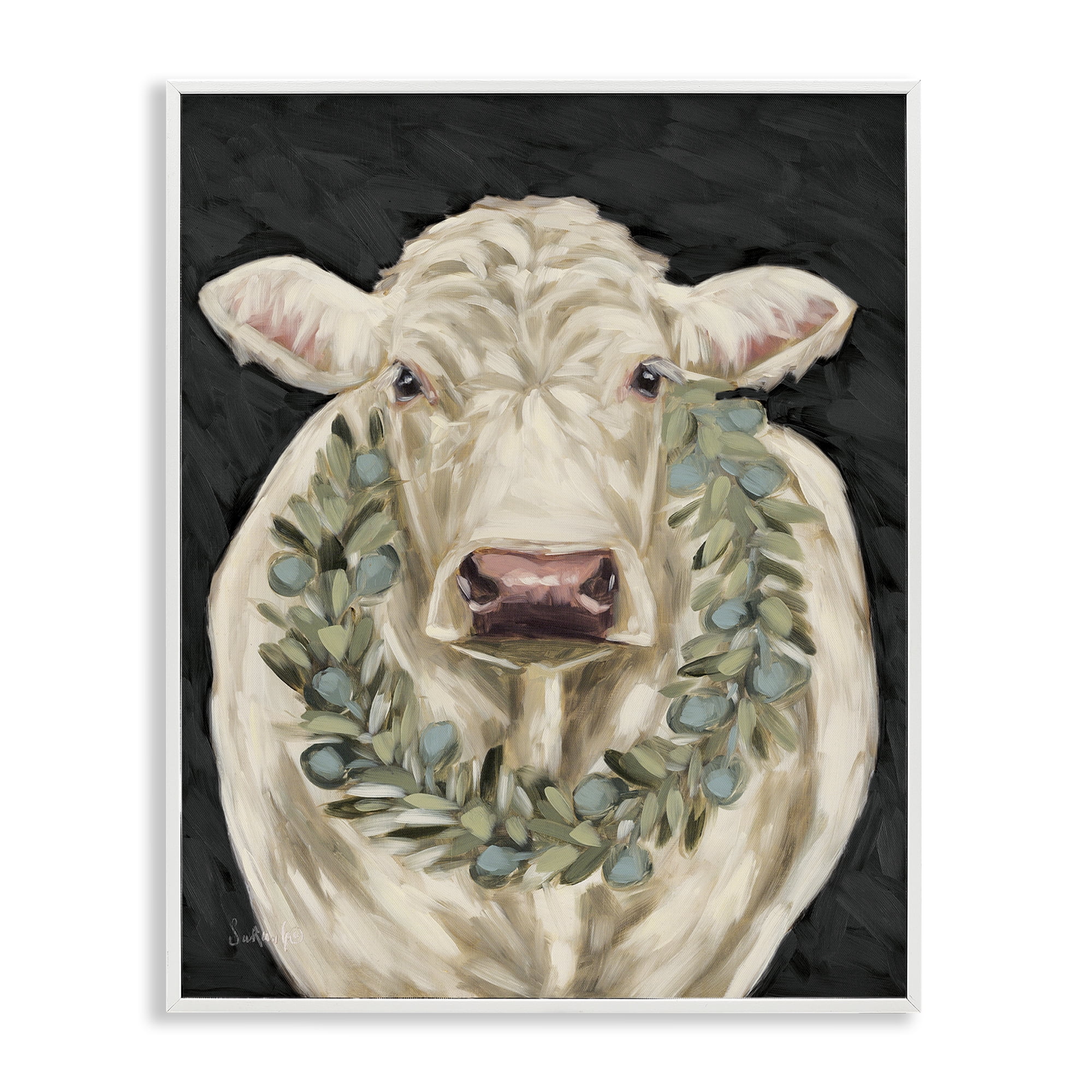 Stupell Industries Cow with Holiday Wreath Holiday Painting White Framed Art Prints Wall Art, 24 x 30