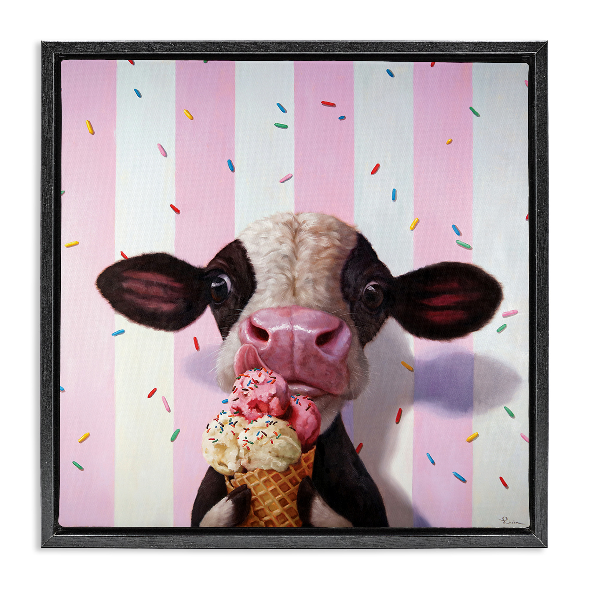 Stupell Industries Cow with Ice Cream Cone Animals & Insects Painting Black Floater Framed Canvas Art Print Wall Art, 25 x 25