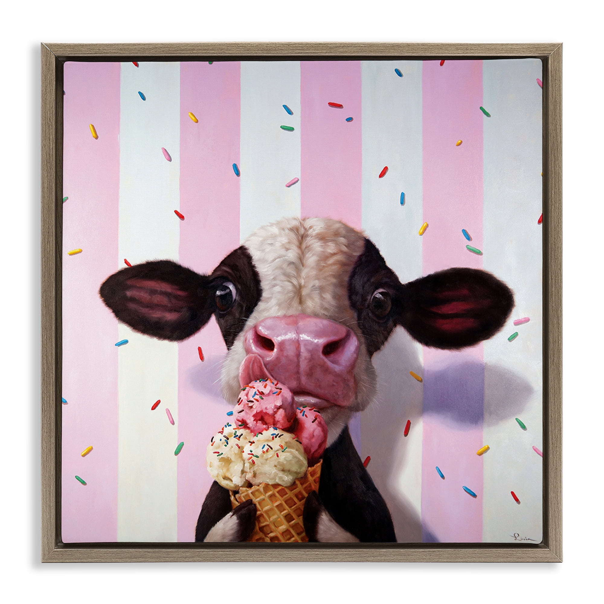 Stupell Industries Cow with Ice Cream Cone Animals & Insects Painting Brown Floater Framed Canvas Art Print Wall Art, 25 x 25