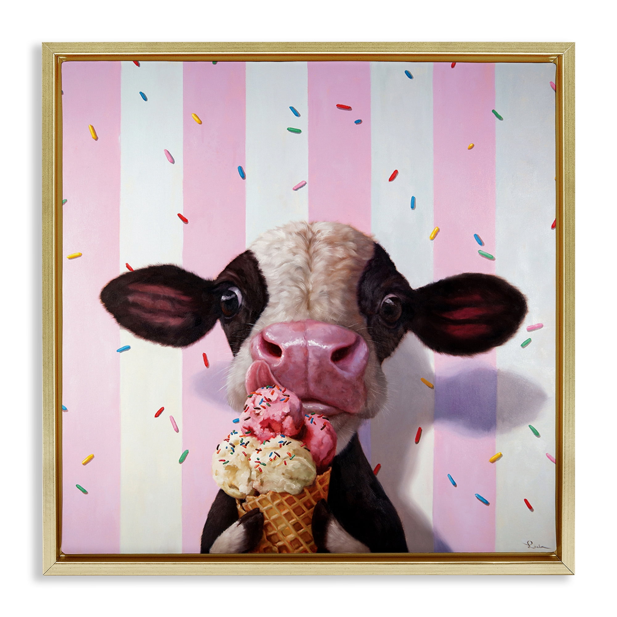 Stupell Industries Cow with Ice Cream Cone Animals & Insects Painting Gold Floater Framed Canvas Art Print Wall Art, 18 x 18