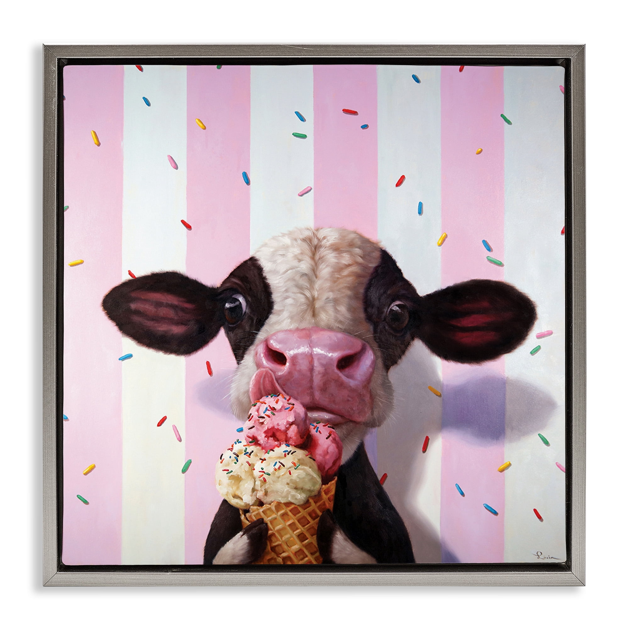 Stupell Industries Cow with Ice Cream Cone Animals & Insects Painting Gray Floater Framed Canvas Art Print Wall Art, 18 x 18