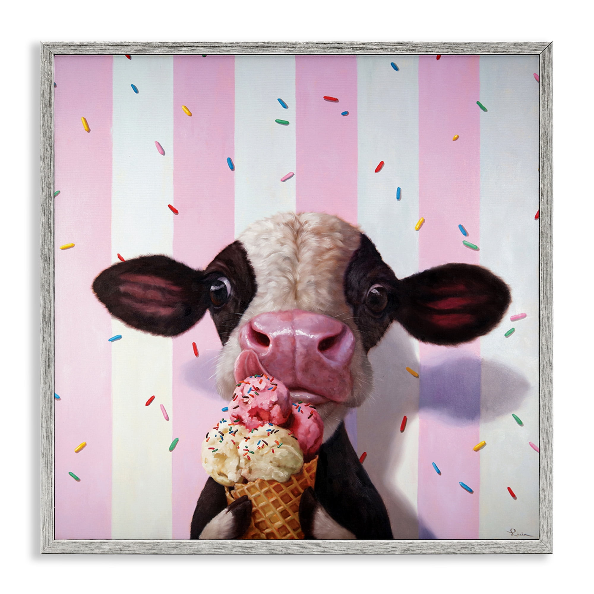 Stupell Industries Cow with Ice Cream Cone Animals & Insects Painting Gray Framed Art Print Wall Art, 17 x 17