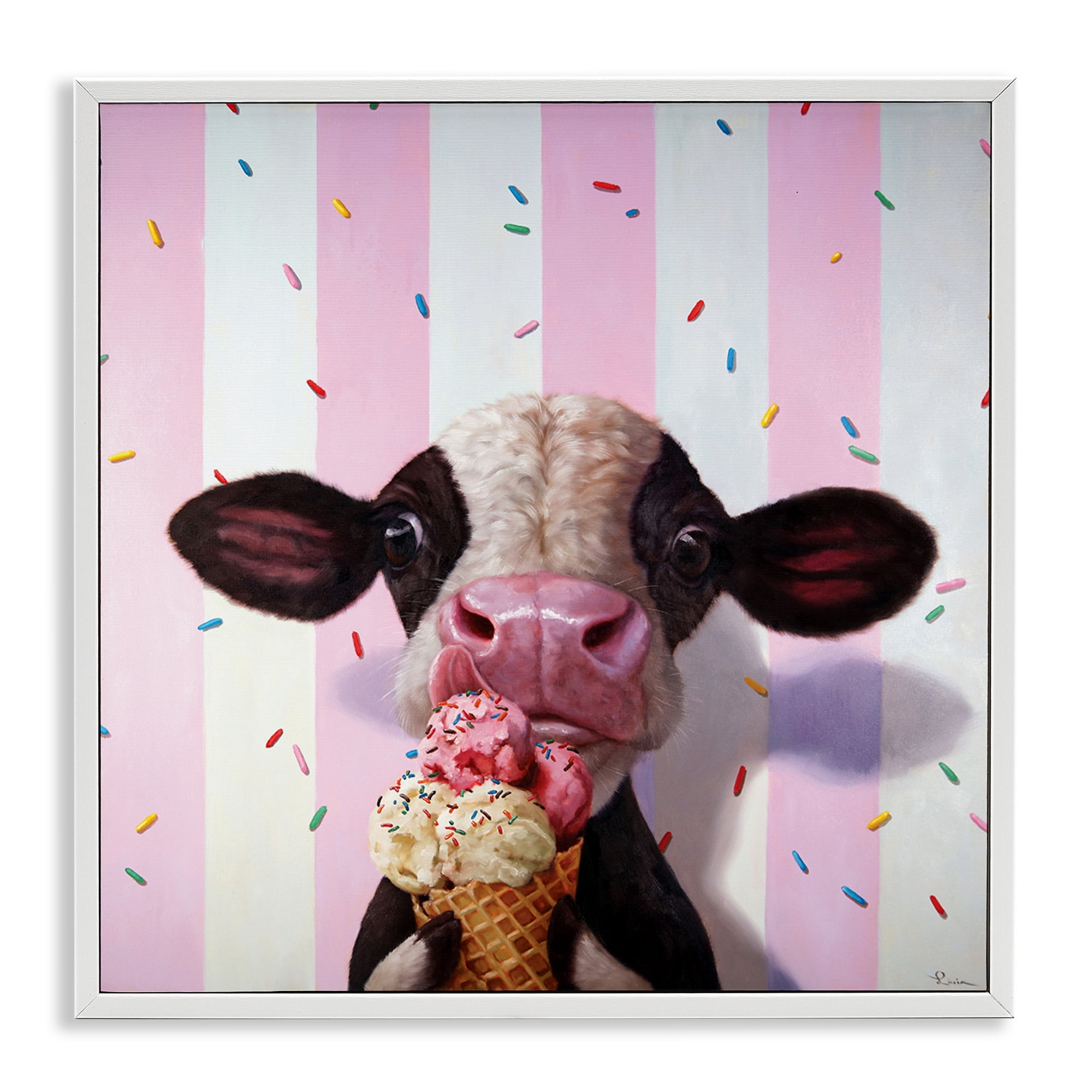 Stupell Industries Cow with Ice Cream Cone Animals & Insects Painting White Framed Art Print Wall Art, 17 x 17