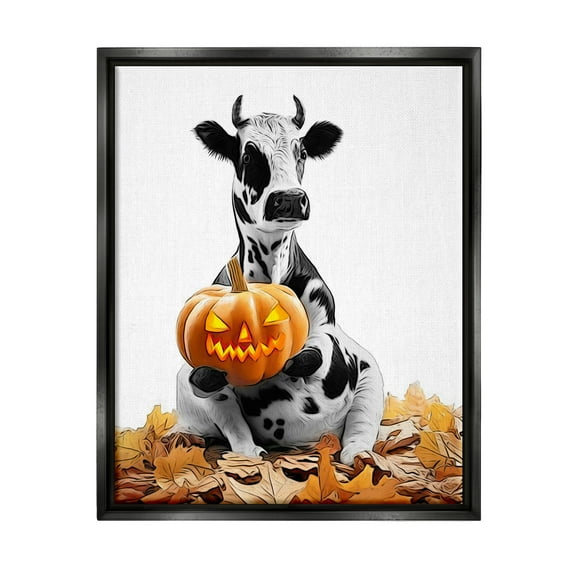Stupell Industries Cow with Jack-o-Lantern Holiday Painting Black Floater Framed Canvas Art Print Wall Art, 17 x 21