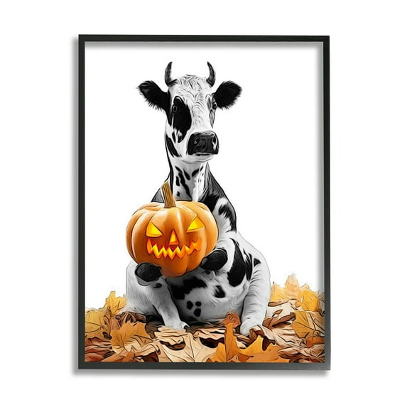 Stupell Industries Cow with Jack-o-Lantern Holiday Painting Black Framed Art Print Wall Art, 16 x 20