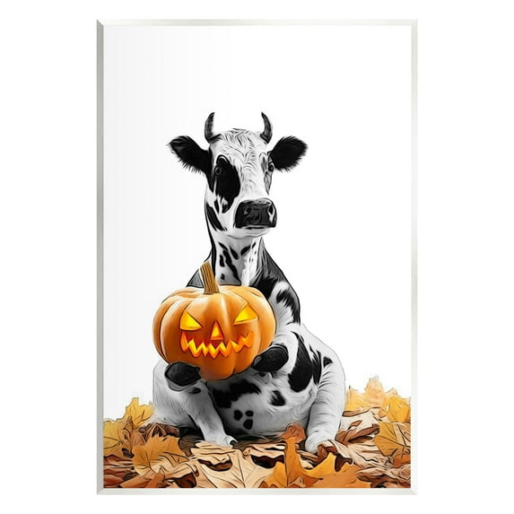 Stupell Industries Cow with Jack-o-Lantern Holiday Painting Unframed Art Print Wall Art, 13 x 19