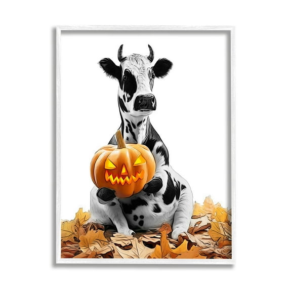 Stupell Industries Cow with Jack-o-Lantern Holiday Painting White Framed Art Print Wall Art, 16 x 20