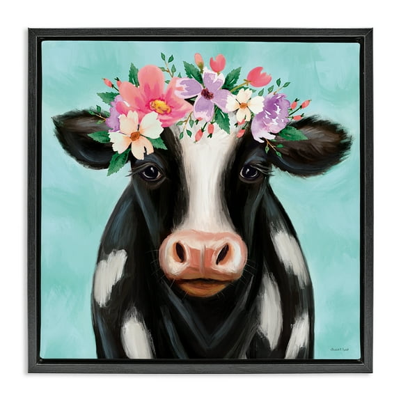Stupell Industries Cow with Pastel Flowers Animals & Insects Painting Black Floater Framed Canvas Art Print Wall Art, 18 x 18