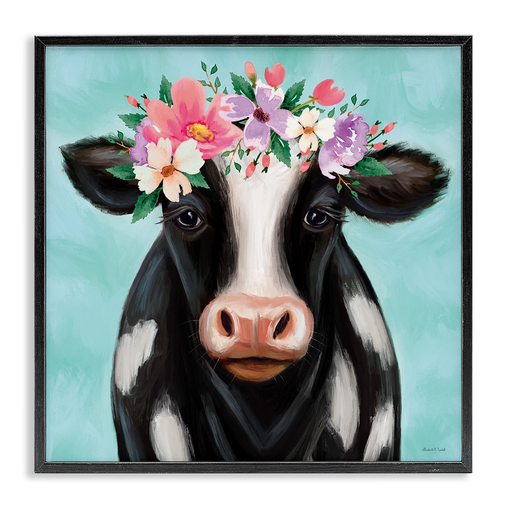 Stupell Industries Cow with Pastel Flowers Animals & Insects Painting Black Framed Art Print Wall Art, 12 x 12
