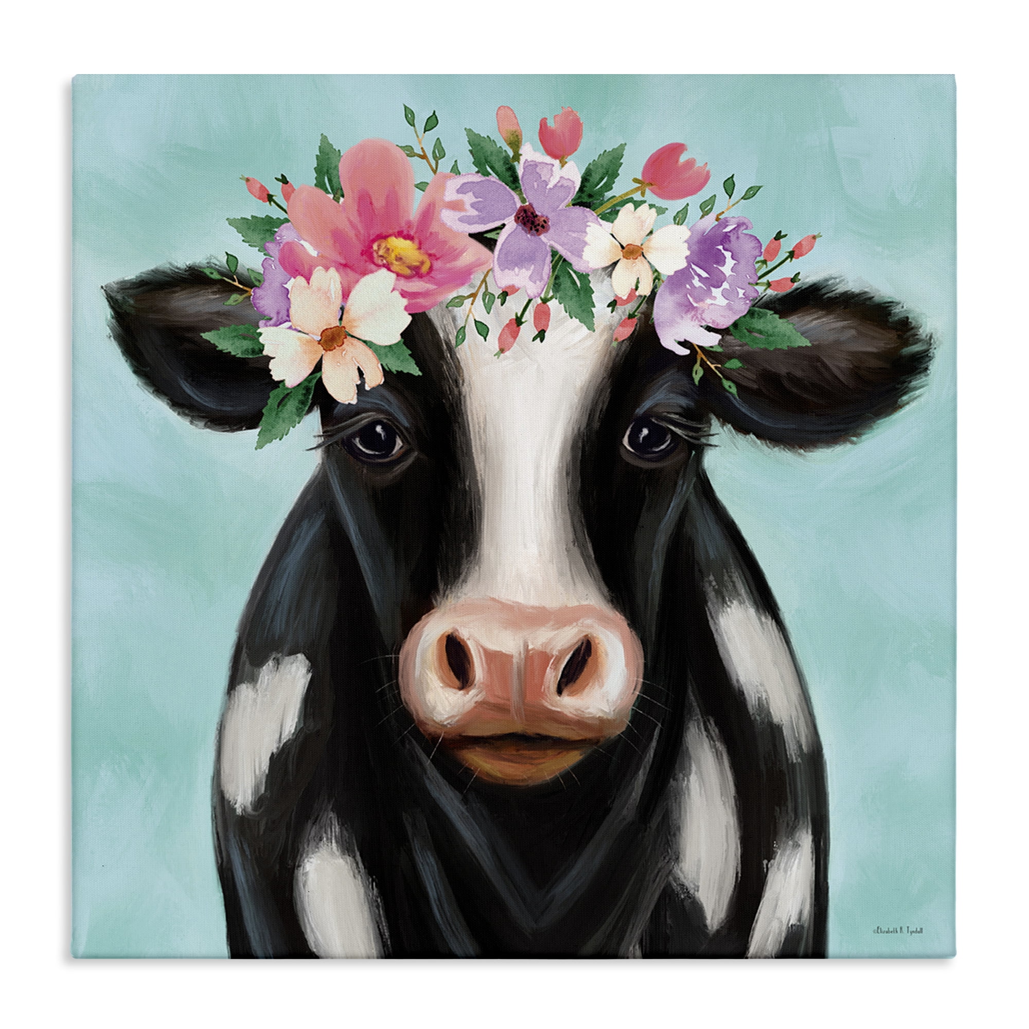 Stupell Industries Cow with Pastel Flowers Animals & Insects Painting Gallery Wrapped Canvas Art Print Wall Art, 30 x 30