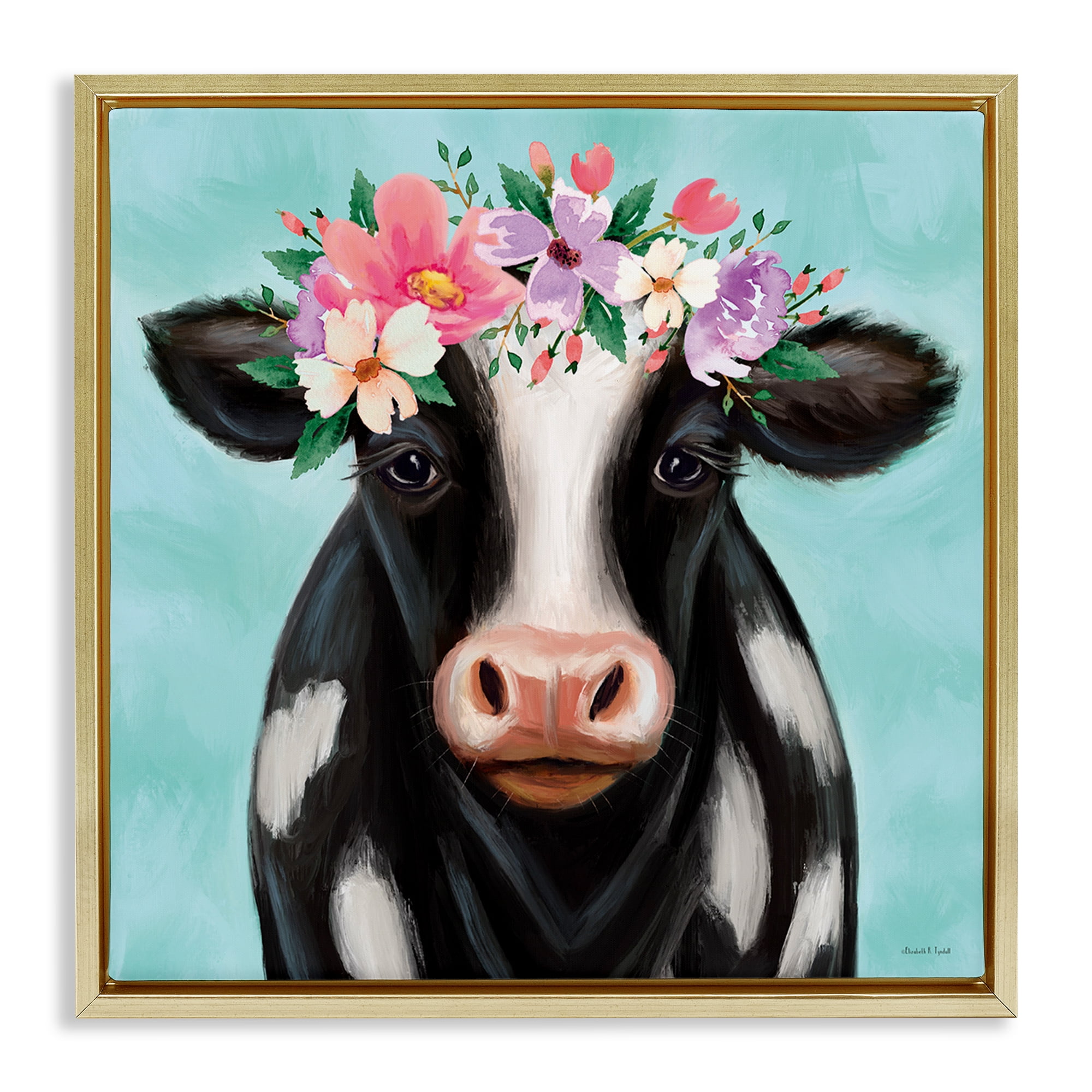 Stupell Industries Cow with Pastel Flowers Animals & Insects Painting Gold Floater Framed Canvas Art Print Wall Art, 25 x 25