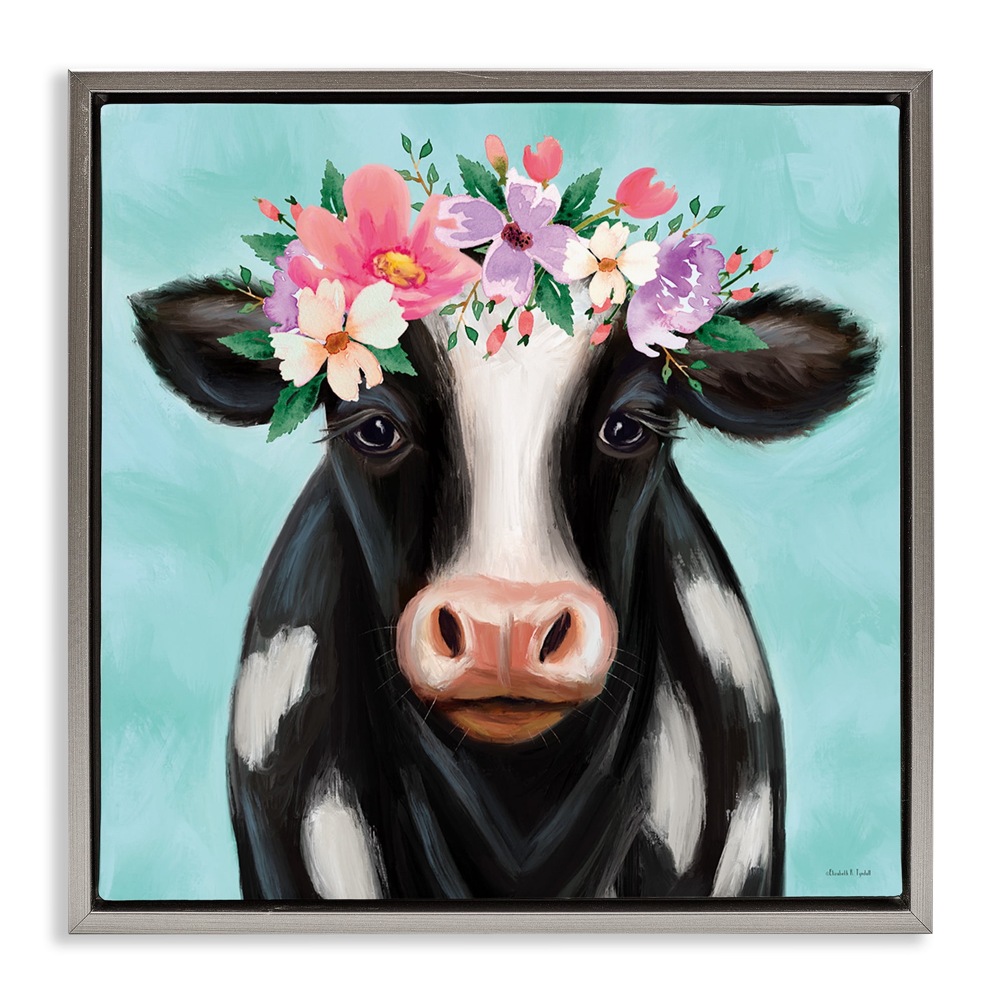 Stupell Industries Cow with Pastel Flowers Animals & Insects Painting Gray Floater Framed Canvas Art Print Wall Art, 25 x 25