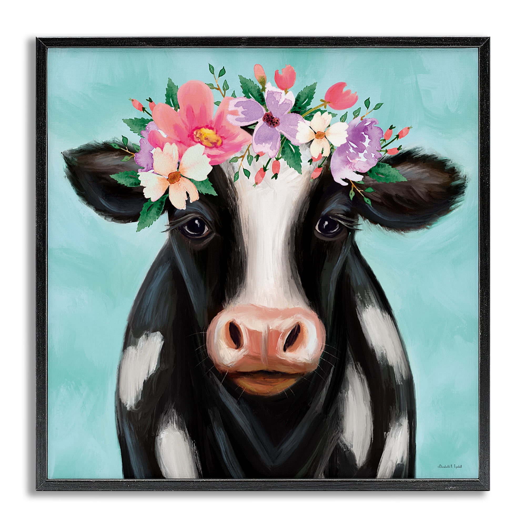 Stupell Industries Cow with Pastel Flowers Animals & Insects Painting Gray Framed Art Print Wall Art, 24 x 24