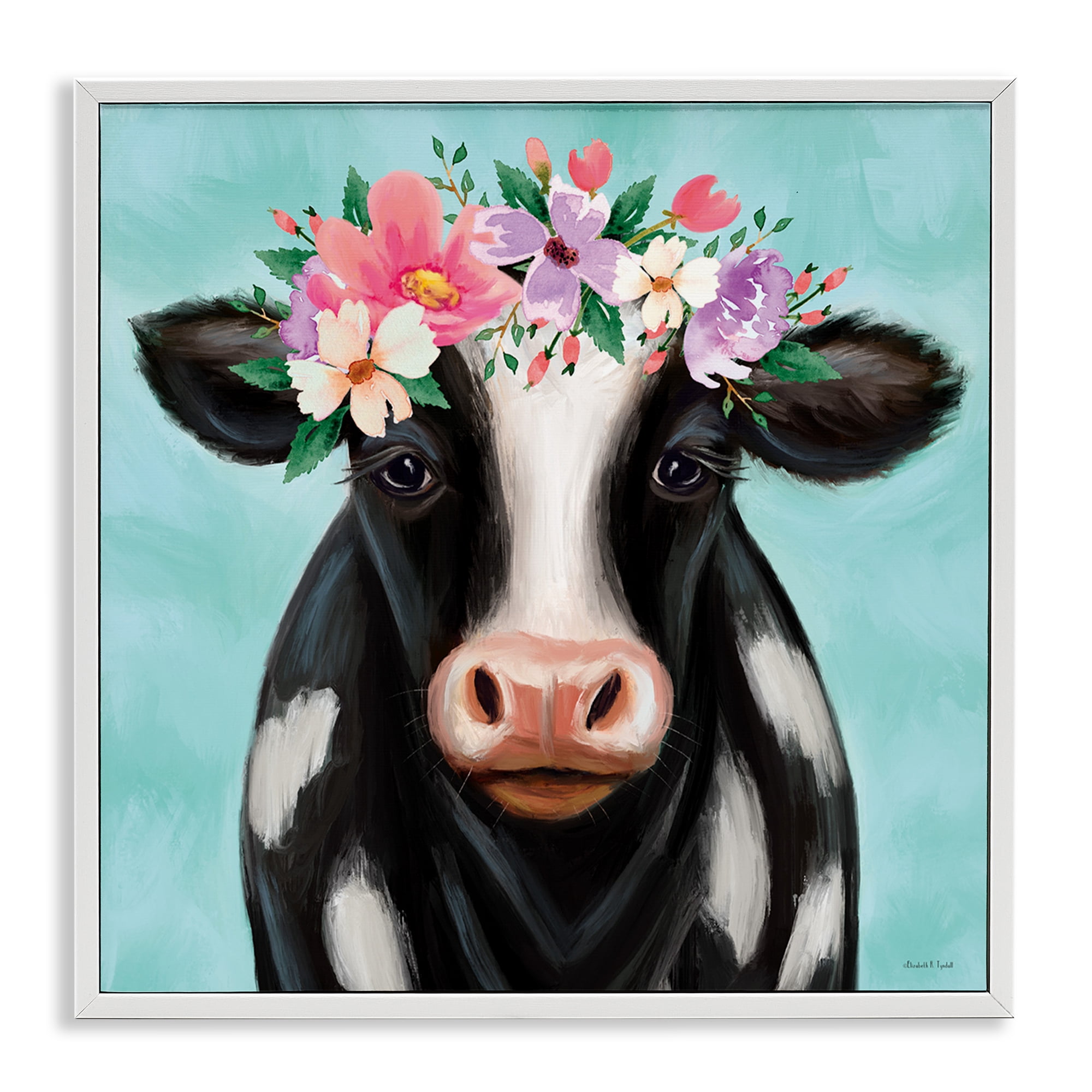 Stupell Industries Cow with Pastel Flowers Animals & Insects Painting White Framed Art Print Wall Art, 24 x 24