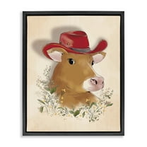 Stupell Industries Cow with Red Cowboy Hat Animals Painting Black Floater Framed Canvas Art Print Wall Art, 17 x 21