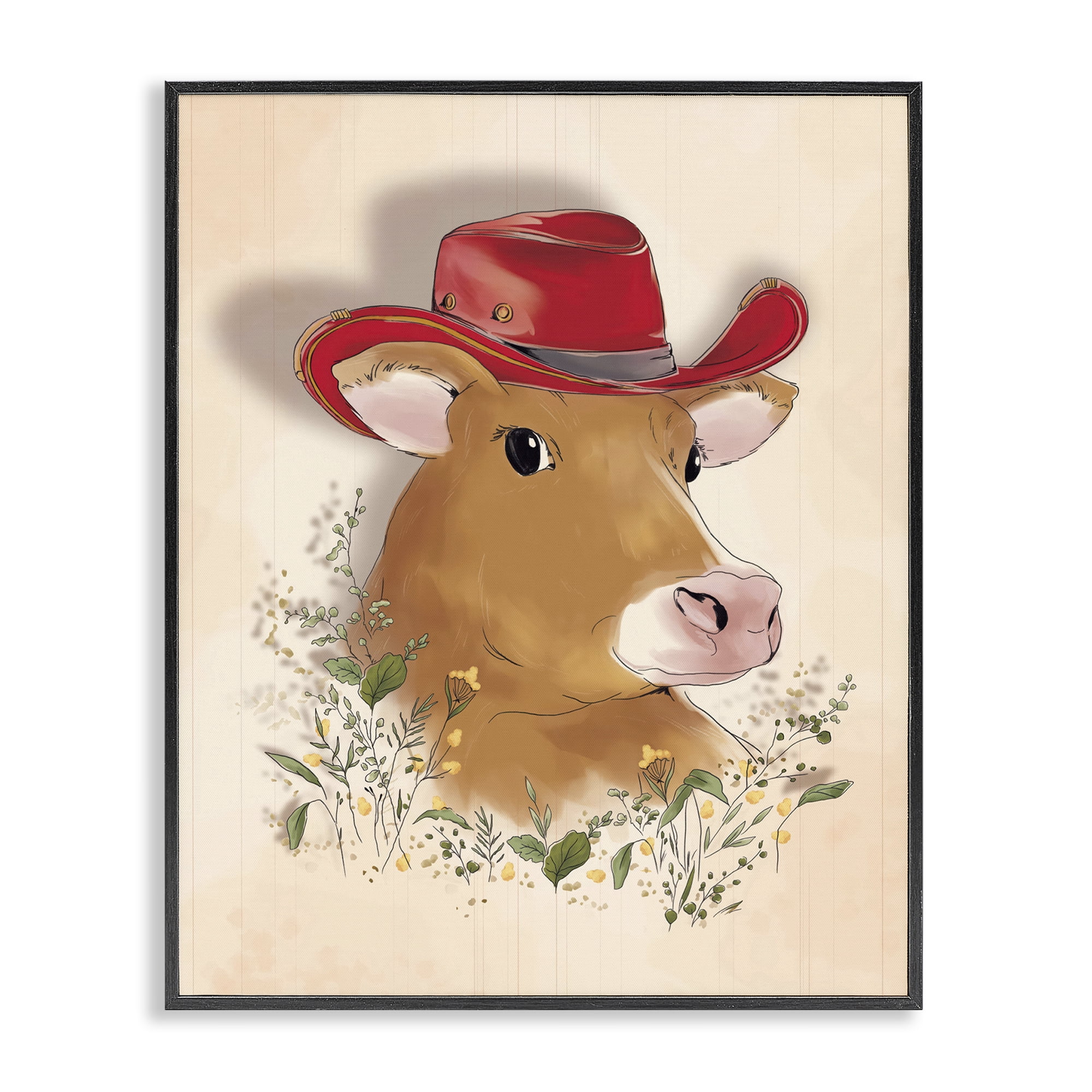 Stupell Industries Cow with Red Cowboy Hat Animals Painting Black Framed Art Print Wall Art, 16 x 20