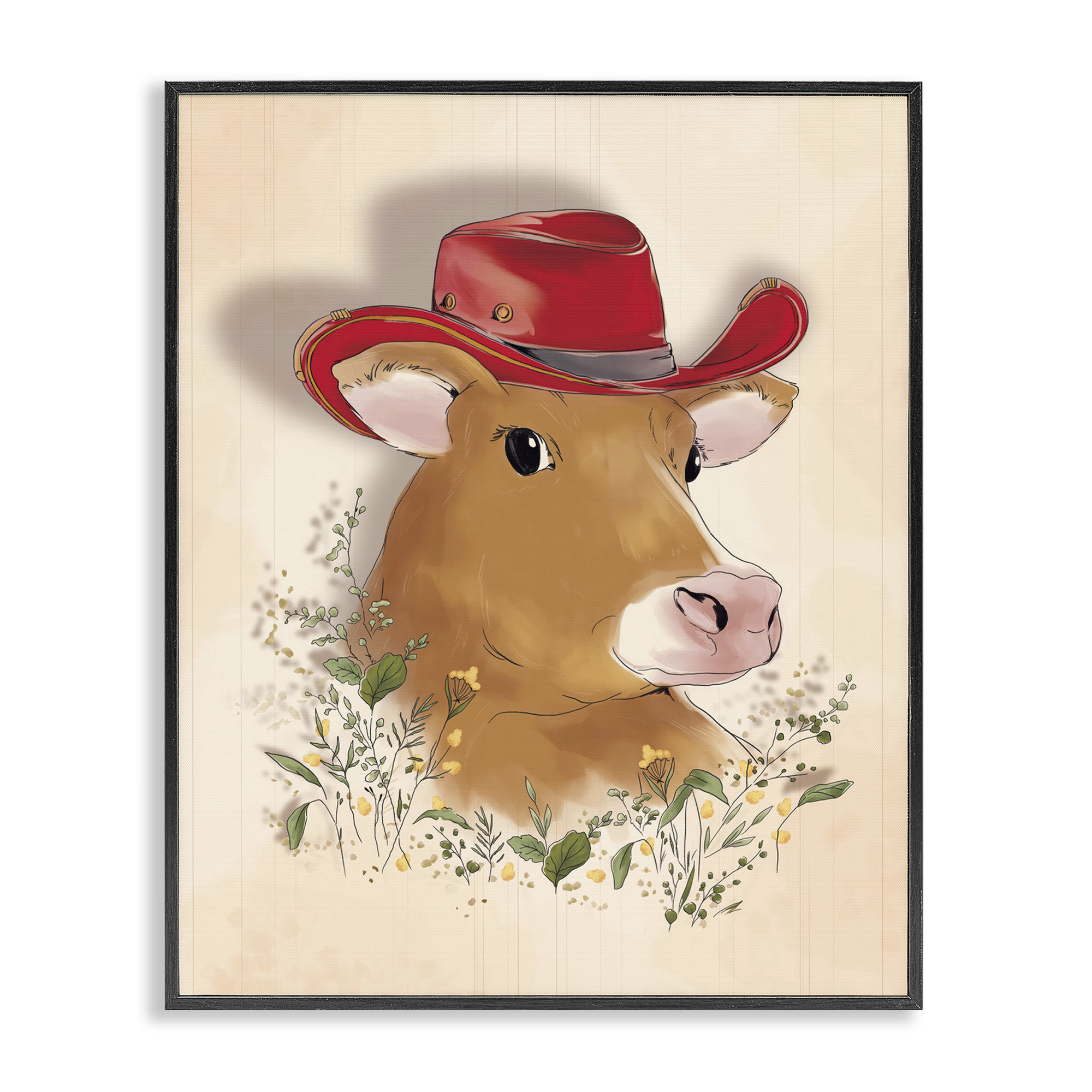 Stupell Industries Cow with Red Cowboy Hat Animals Painting Black Framed Art Print Wall Art, 24 x 30