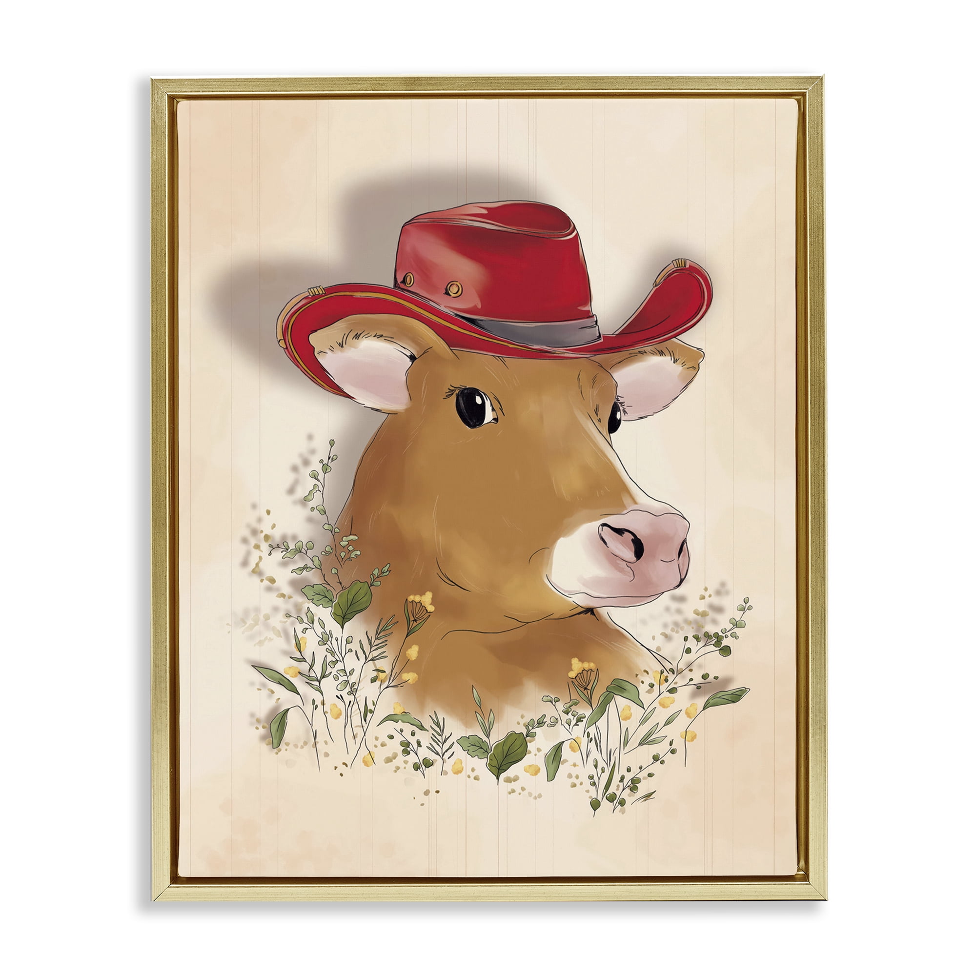 Stupell Industries Cow with Red Cowboy Hat Animals Painting Gold Floater Framed Canvas Art Print Wall Art, 17 x 21