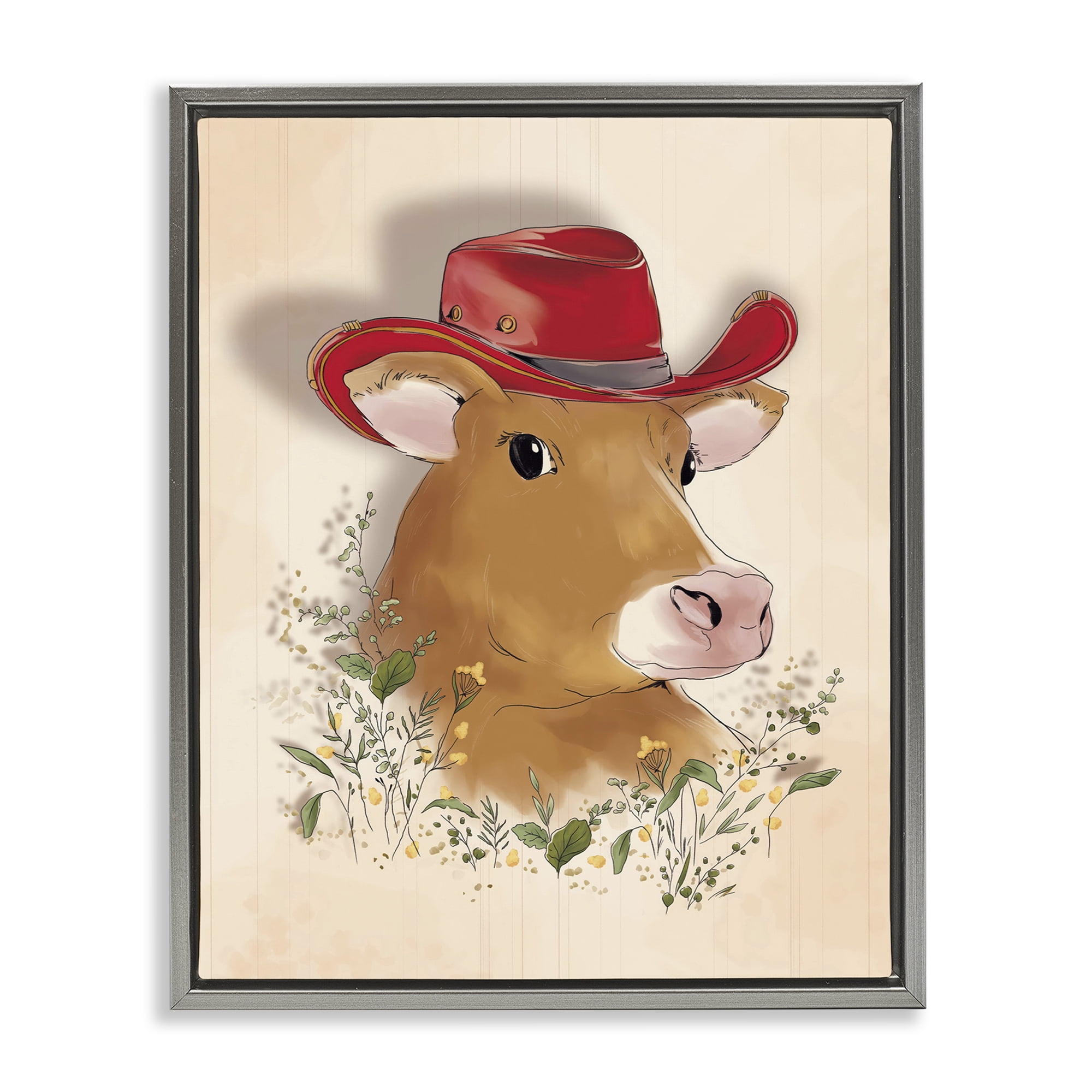 Stupell Industries Cow with Red Cowboy Hat Animals Painting Gray Floater Framed Canvas Art Print Wall Art, 17 x 21