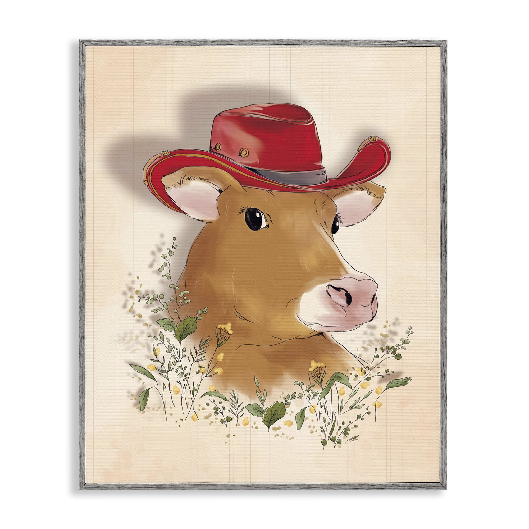 Stupell Industries Cow with Red Cowboy Hat Animals Painting Gray Framed Art Print Wall Art, 11 x 14