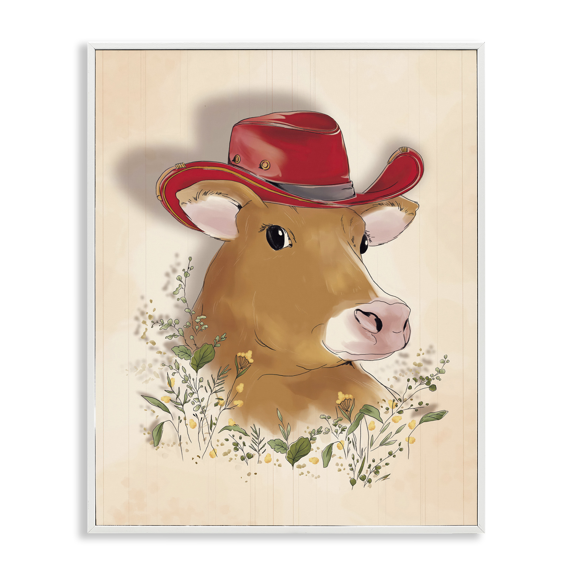 Stupell Industries Cow with Red Cowboy Hat Animals Painting White Framed Art Print Wall Art, 11 x 14