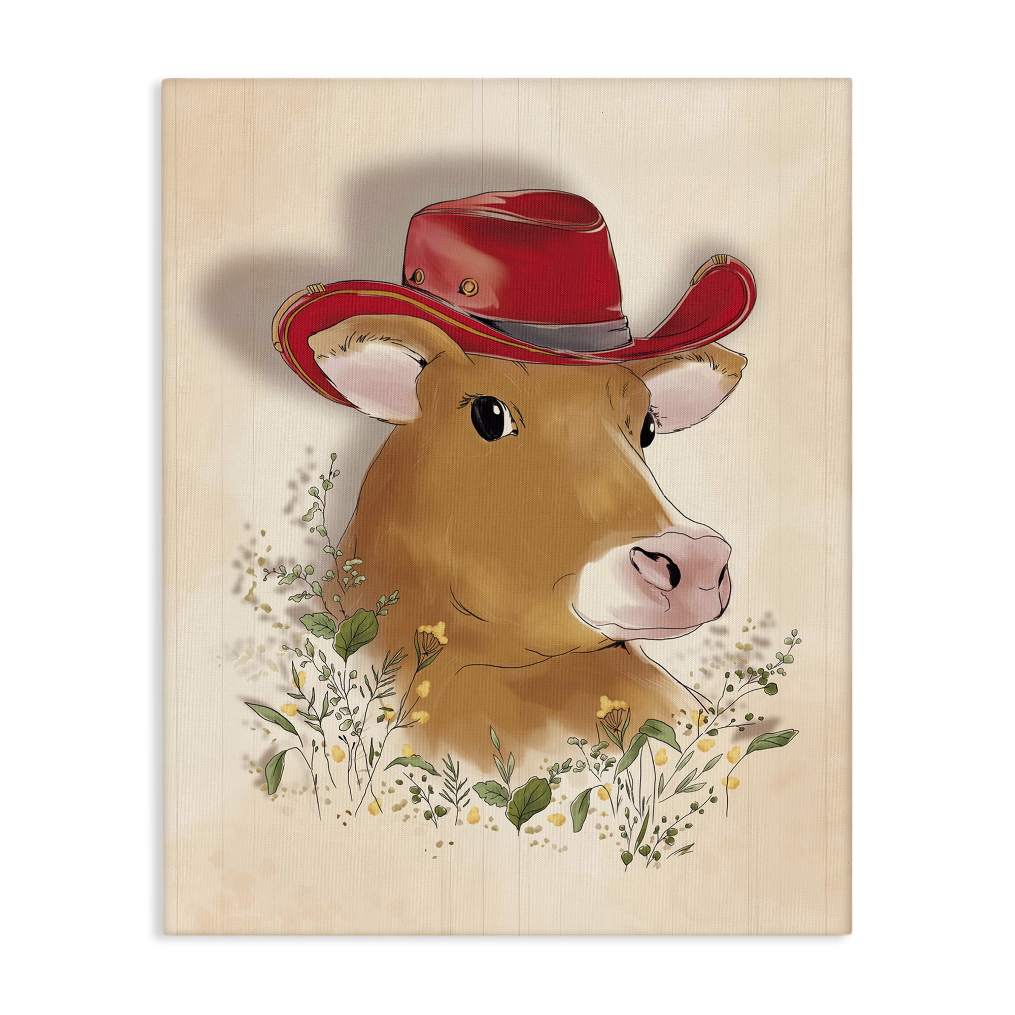 Stupell Industries Cow with Red Cowboy Hat Animals Painting Wrapped Canvas Art Print Wall Art, 24 x 30