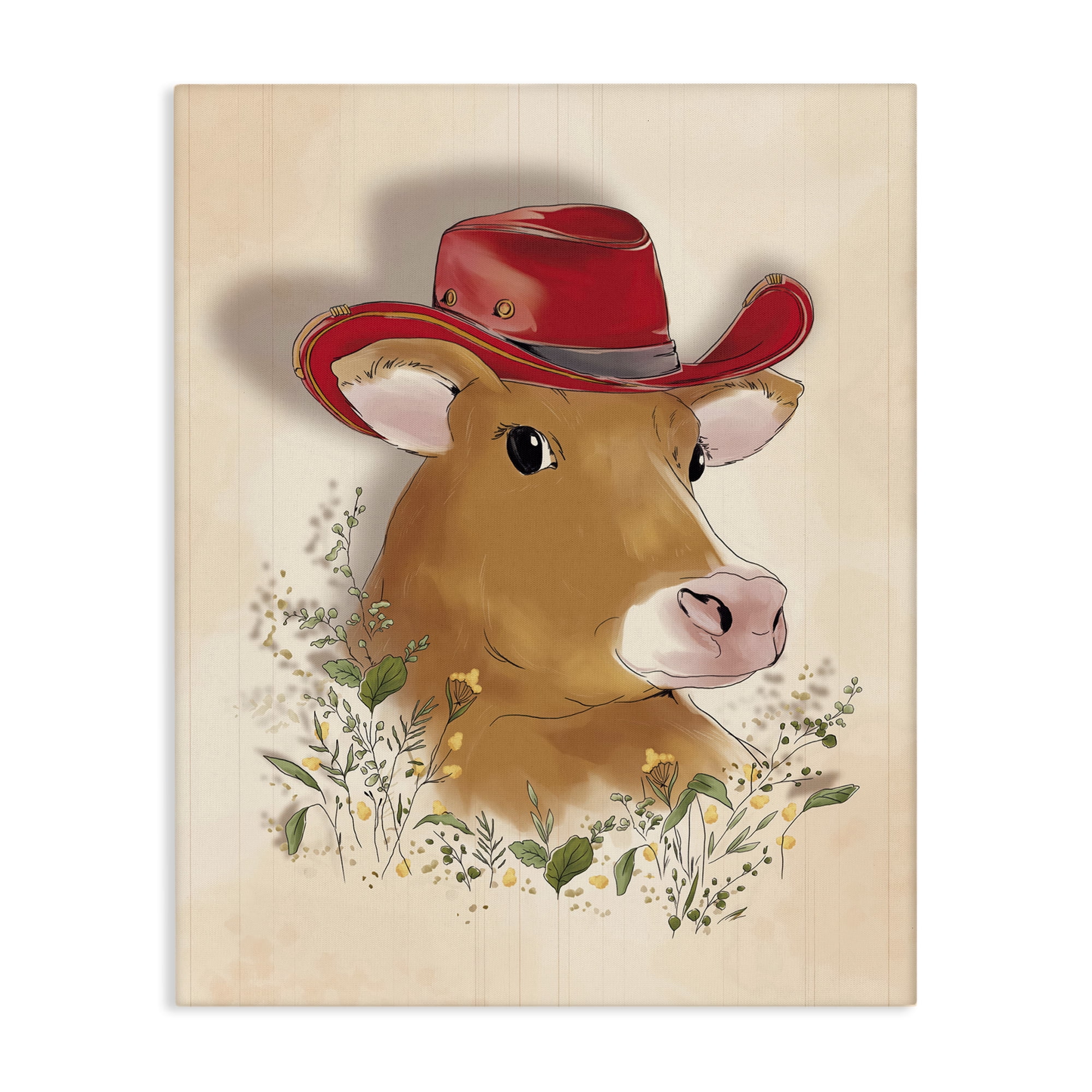 Stupell Industries Cow with Red Cowboy Hat Animals Painting Wrapped Canvas Art Print Wall Art, 30 x 40