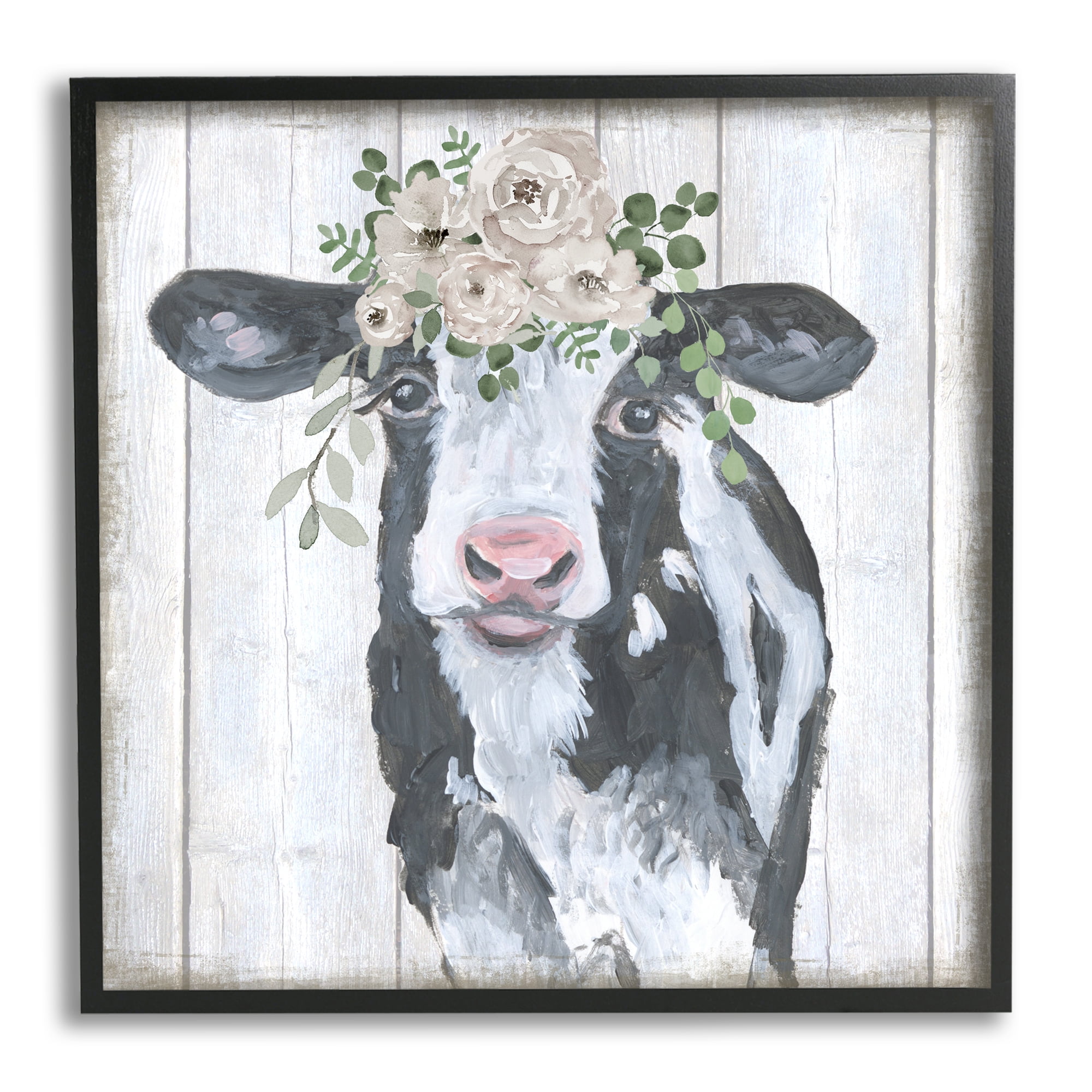 Stupell Industries Cow with Rose Garland Animals & Insects Painting Black Framed Art Print Wall Art, 17 x 17