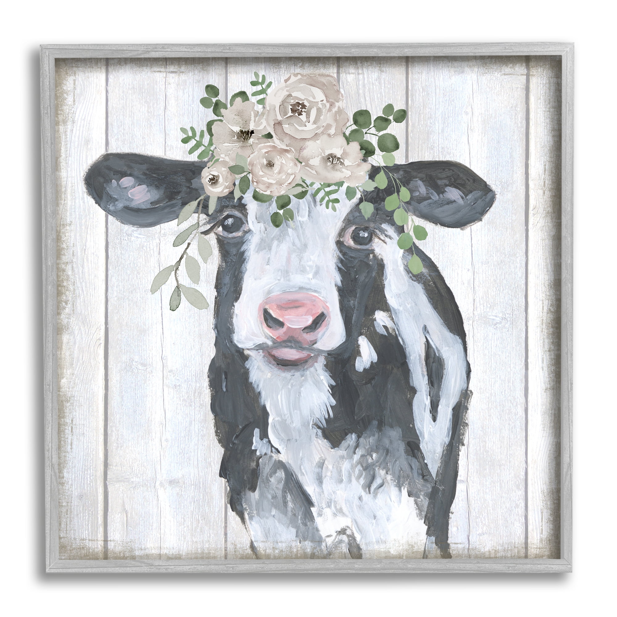 Stupell Industries Cow with Rose Garland Animals & Insects Painting Gray Framed Art Print Wall Art, 24 x 24