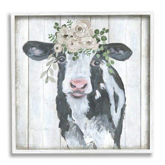 Stupell Industries Cow with Rose Garland Animals & Insects Painting White Framed Art Print Wall Art, 12 x 12