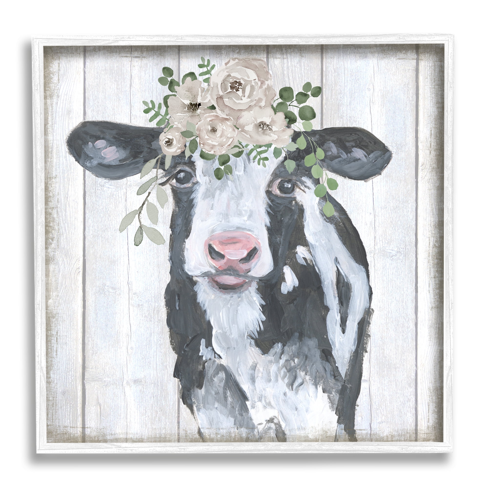 Stupell Industries Cow with Rose Garland Animals & Insects Painting White Framed Art Print Wall Art, 17 x 17