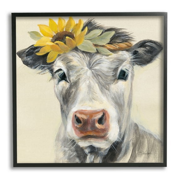 Stupell Industries Cow with Sunflower Crown Animals & Insects Painting Black Framed Art Print Wall Art, 17 x 17