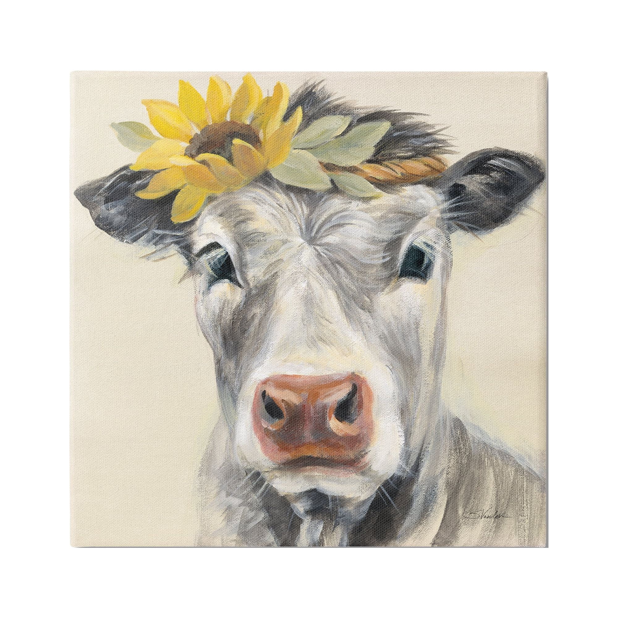 Stupell Industries Cow with Sunflower Crown Animals & Insects Painting Gallery Wrapped Canvas Print Wall Art, 36 x 36