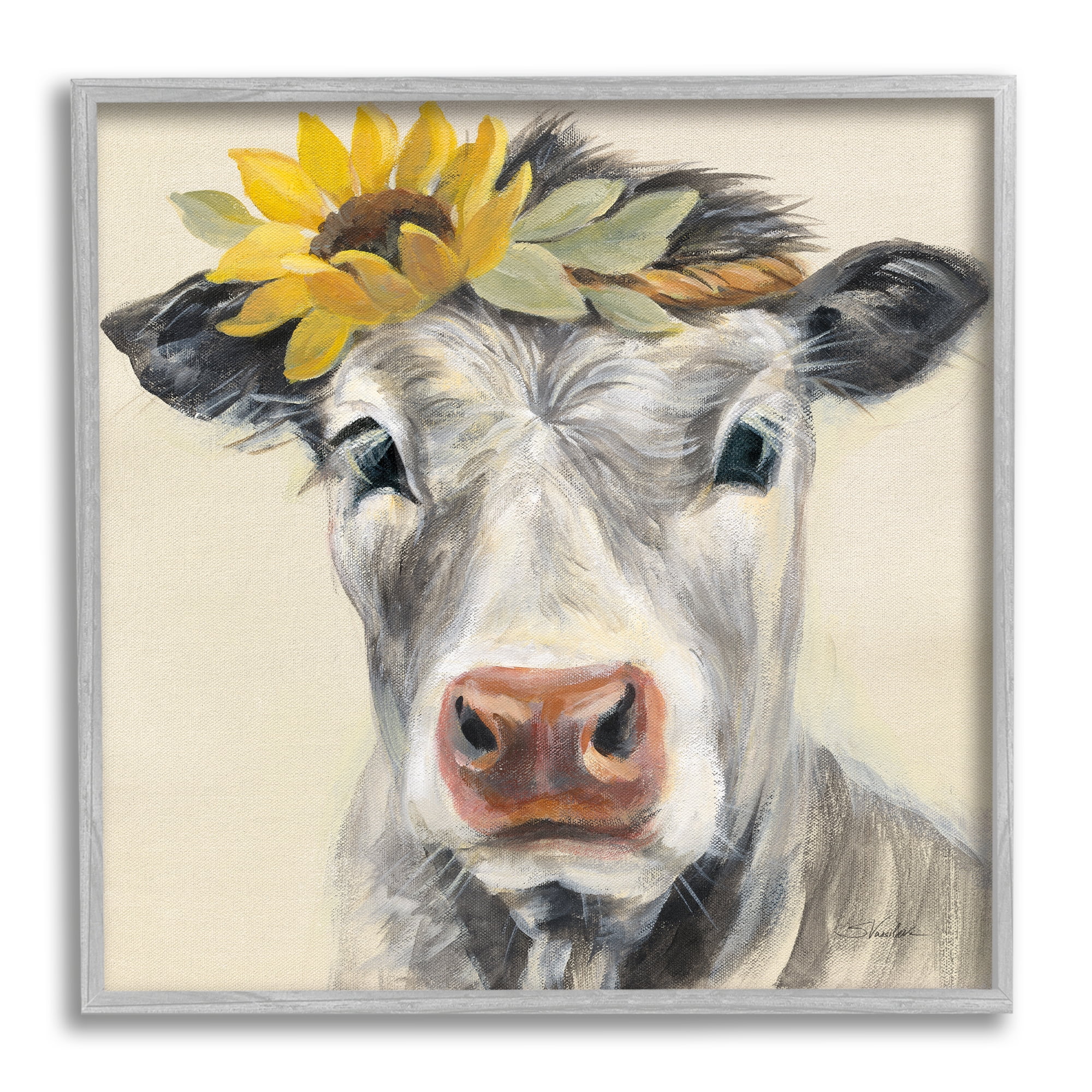 Stupell Industries Cow with Sunflower Crown Animals & Insects Painting Gray Framed Art Print Wall Art, 24 x 24