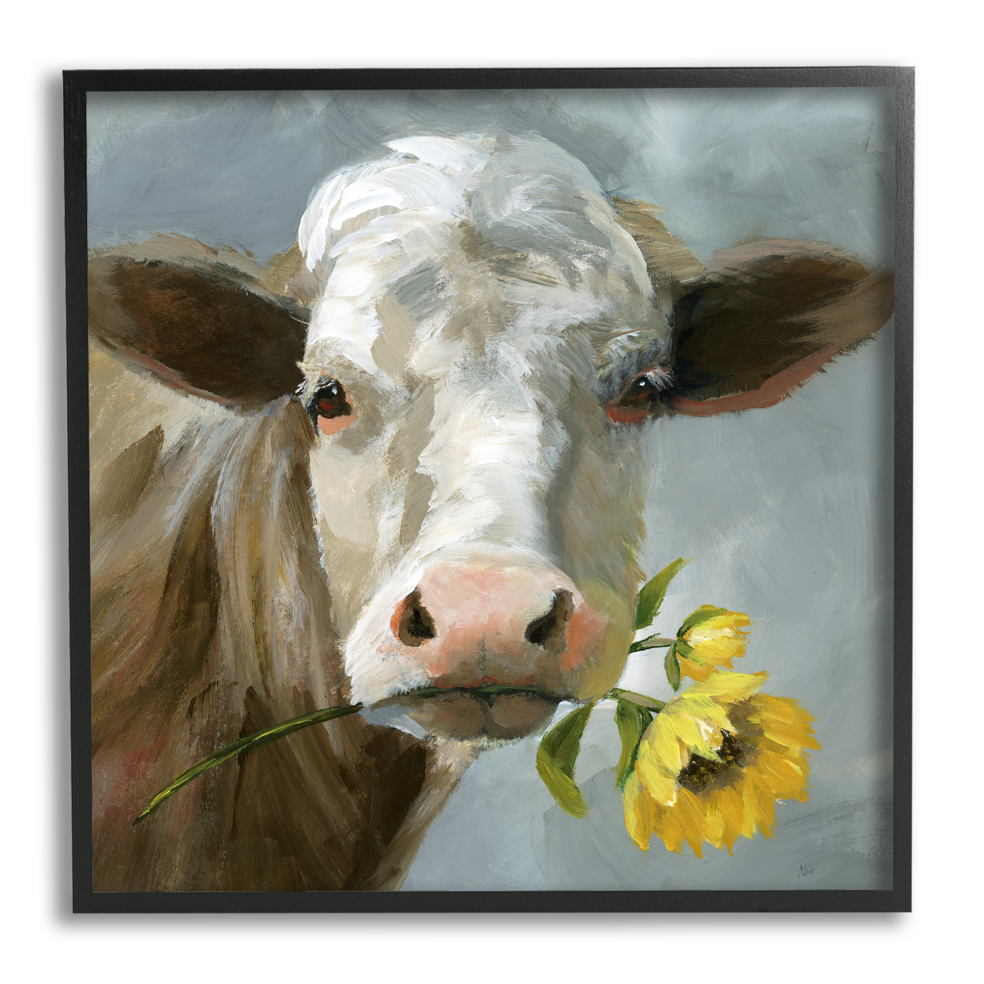 Stupell Industries Cow with Sunflower Painting Animals & Insects Painting Black Framed Art Print Wall Art, 12 x 12