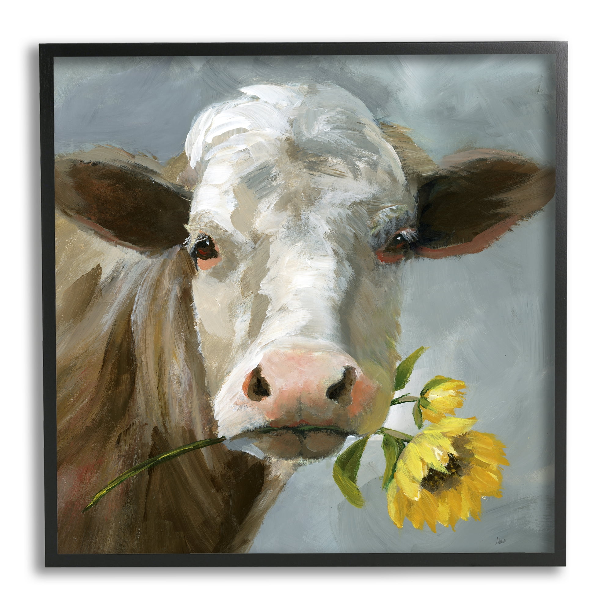 Stupell Industries Cow with Sunflower Painting Animals & Insects Painting Black Framed Art Print Wall Art, 24 x 24