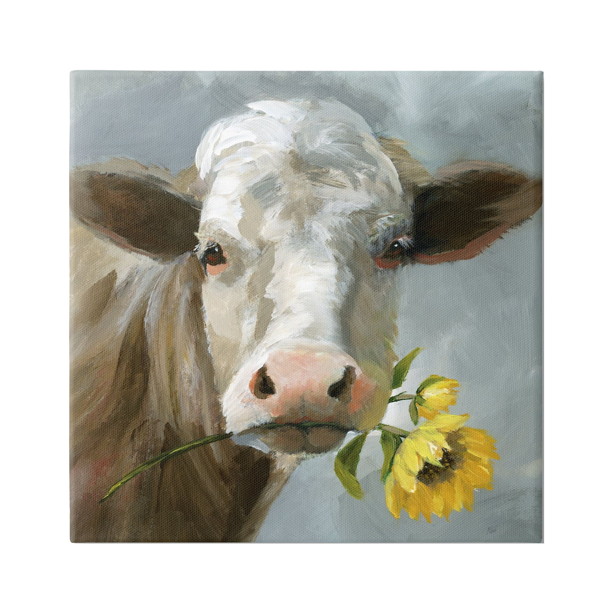 Stupell Industries Cow with Sunflower Painting Animals & Insects Painting Gallery Wrapped Canvas Art Print Wall Art, 17 x 17