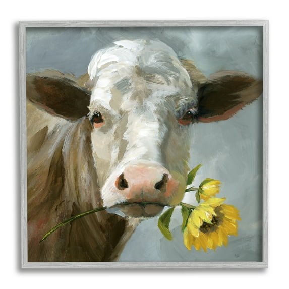 Stupell Industries Cow with Sunflower Painting Animals & Insects Painting Gray Framed Art Print Wall Art, 17 x 17