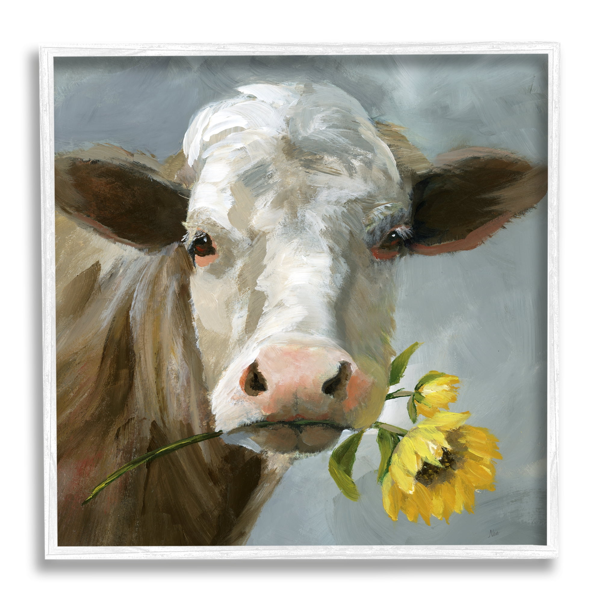 Stupell Industries Cow with Sunflower Painting Animals & Insects Painting White Framed Art Print Wall Art, 24 x 24