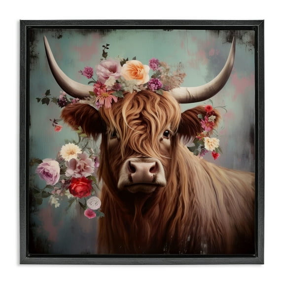 Stupell Industries Cow with Vintage Florals Animals & Insects Painting Black Floater Framed Canvas Art Print Wall Art, 18 x 18