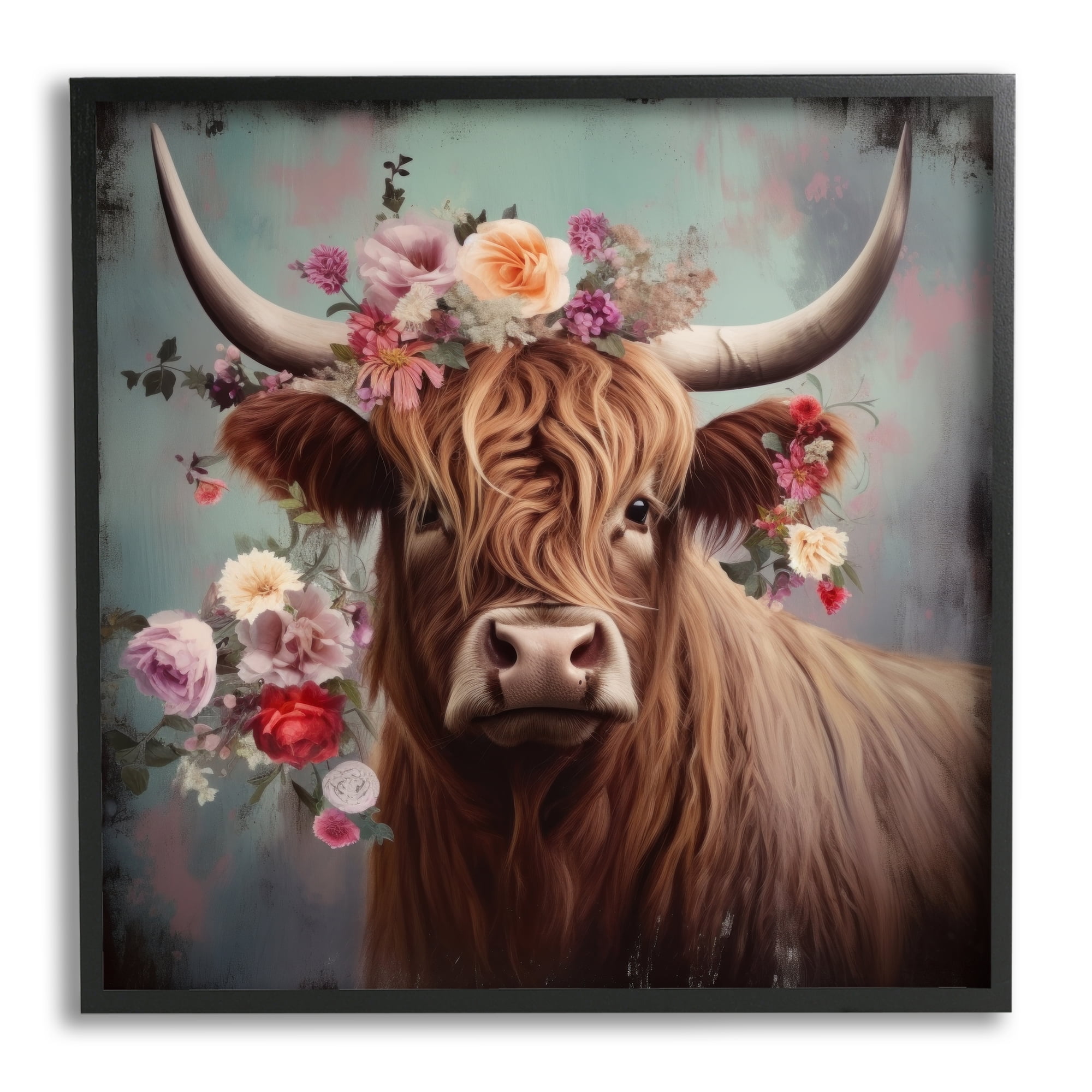 Stupell Industries Cow with Vintage Florals Animals & Insects Painting Black Framed Art Print Wall Art, 17 x 17