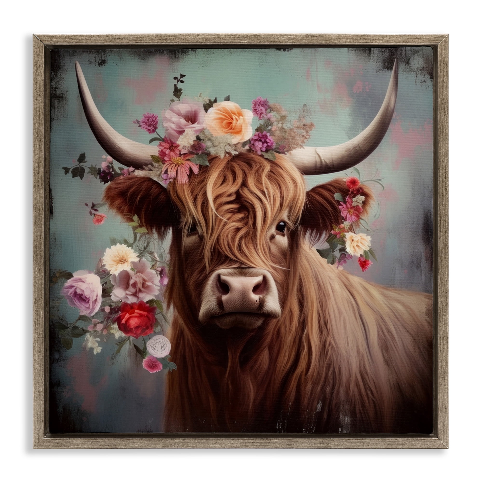 Stupell Industries Cow with Vintage Florals Animals & Insects Painting Brown Floater Framed Canvas Art Print Wall Art, 25 x 25