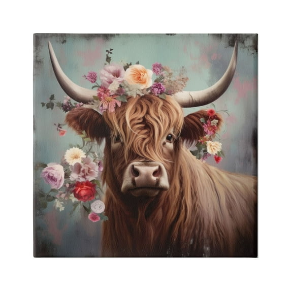 Stupell Industries Cow with Vintage Florals Animals & Insects Painting Gallery Wrapped Canvas Art Print Wall Art, 30 x 30
